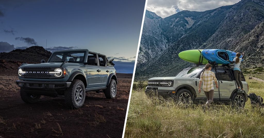Two photos comparing the Ford Bronco and Ford Bronco Sport.