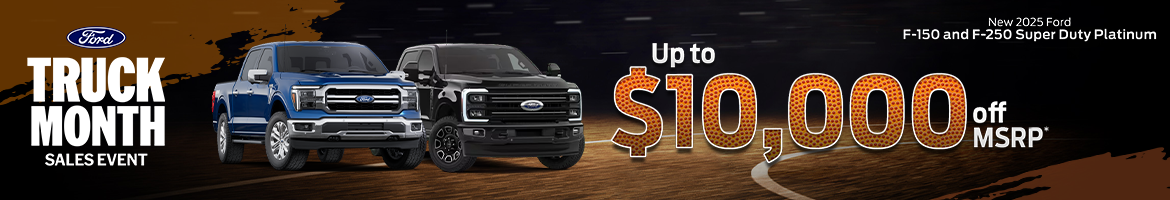 Save up to $10,000 on 2025 Ford F-150 and F-250 Platinum trucks in Summerville, SC