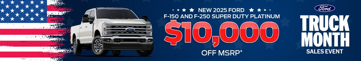 Save up to $10,000 on 2025 Ford F-150 and F-250 Platinum trucks in Summerville, SC